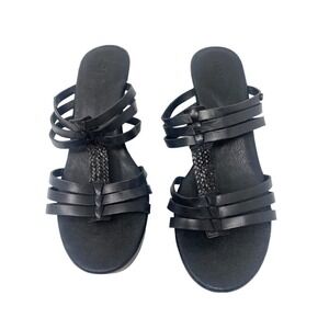 Ugg Leather Mattie Strappy Black Wooden Wedge Heels Sandals Slip On Women's 11